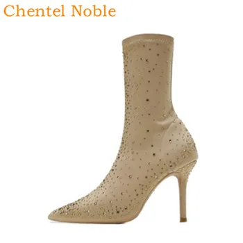 Ботильоны из фантастической эластичной ткани Chentel, модельные ботинки с острым носком, украшенные стразами, вечерние свадебные женские туфли на высоком каблуке