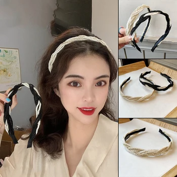 Новая жемчужная повязка на голову в модном корейском стиле, элегантный держатель для плетеной челки, головной обруч, аксессуары для волос для женщин и девочек, прямая поставка