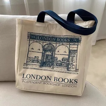 Женская холщовая сумка через плечо с принтом Лондонских книг, женская повседневная сумка-тоут, многоразовая хлопковая пляжная сумка для покупок большой емкости