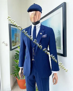 Роскошный Мужской свадебный костюм в Королевскую синюю полоску Официальная одежда из 3 предметов Облегающий Высококачественный Классический Блейзер Итальянский Бизнес