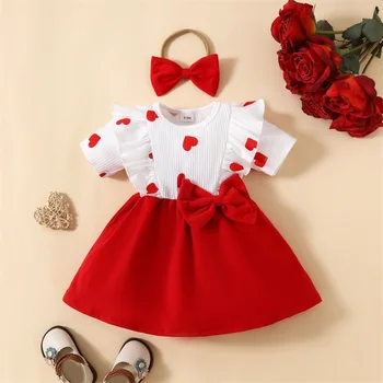 Citgeett Летнее платье для малышей на День Святого Валентина, одежда для маленьких девочек, платье с коротким рукавом из ребристой ткани с принтом в виде сердца, повседневное платье принцессы