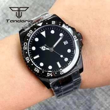 Мужские деловые автоматические часы Tandorio 36 мм черного цвета PVD NH35 PT5000 с индикацией даты Стерильный циферблат Вращающийся 24 часа безель Сапфировое стекло