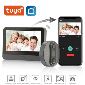Tuya Smart WiFi Видеодомофон Глазок Для Просмотра Дверных Звонков Home PIR Обнаружение Движения Монитор Безопасности Приложение Для Обнаружения Дистанционного Управления