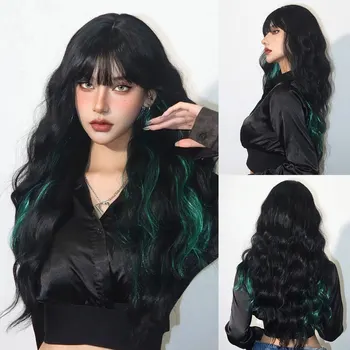 Длинный черный волнистый синтетический парик с зеленой крупной изюминкой с челкой, парики для косплея для женщин, для вечеринки в честь Хэллоуина, термостойкие
