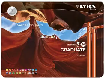 Маркеры Lyra Graduate Fineliner, наконечник 0,5 мм, разные, Металлическая коробка по 20 штук, разноцветные, 25,0 x 1,5 x 18,5 см (6771200)