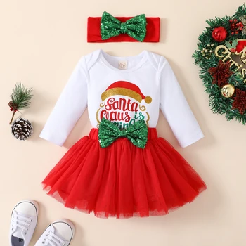 Citgeett Осенне-Рождественский комплект комбинезонов для новорожденных девочек с буквенным принтом, комбинезон с длинными рукавами + тюлевая юбка + повязка на голову с бантом, рождественский костюм