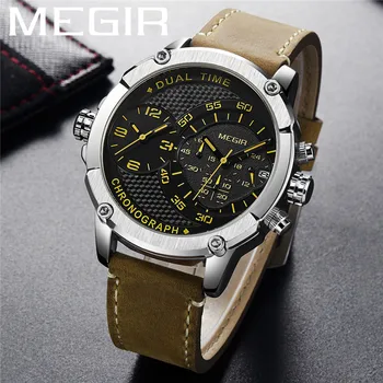MEGIR Мужские спортивные наручные часы с водонепроницаемым хронографом, мужские часы в стиле милитари, лучший бренд класса люкс, натуральная кожа, новые мужские часы 2093 г.