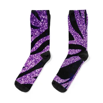 Фотографическое изображение фиолетовых блестящих носков с принтом зебры, носков до щиколоток, забавных подарков, термоносков, мужских зимних носков, мужских и женских
