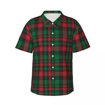 Мужская рубашка, Рождественская клетчатая рубашка из шотландки с коротким рукавом, летняя рубашка, мужская рубашка с отложным воротником и пуговицами, мужская одежда