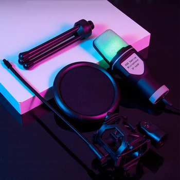 USB-микрофон с брызгозащищенным фильтром Комплект микрофонов для подкастов ПК Конденсаторный микрофон для студийной записи подкастов для потокового вещания на ноутбуке Настольный ПК