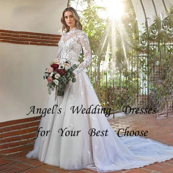 Роскошные свадебные платья с высоким воротом для женщин 2023 Летние свадебные платья с длинным рукавом и шлейфом с кружевом Летнее Vestido De Novia