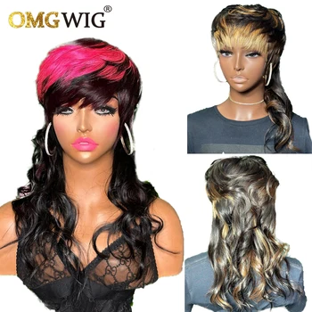 Красочный парик машинного производства с челкой, розовые парики из человеческих волос индийской девы Для женщин, объемная волна, бесклеевая, 150% Изюминка