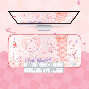 Очень большой игровой коврик для мыши Kawaii с милым пастельно-розовым кроликом XXL, большой настольный коврик, водонепроницаемые нескользящие аксессуары для стола для ноутбука