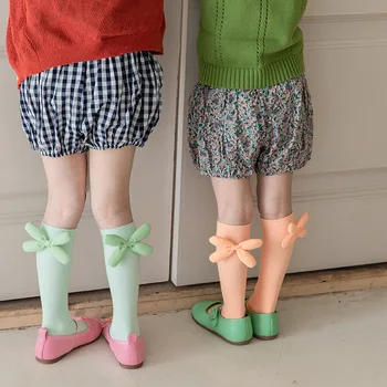 Детские носки оптом, весенние носки принцессы с бантиком ярких цветов, хлопковые носки средней длины для девочек, носки без каблука