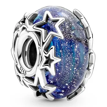 Оригинальный шарм из муранских бусин Galaxy Blue & Star, подходящий для женщин Pandora, браслет из стерлингового серебра 925 пробы, ювелирные изделия