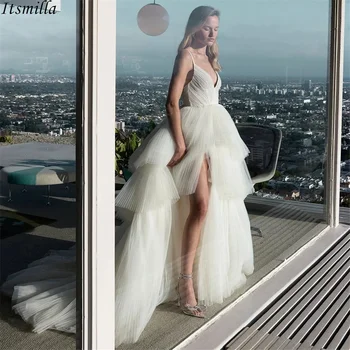 Свадебное платье Itsmilla Vestidos De Novia 2023 на тонких бретельках с разрезом, асимметричное плиссированное многоуровневое свадебное бальное платье из тюля