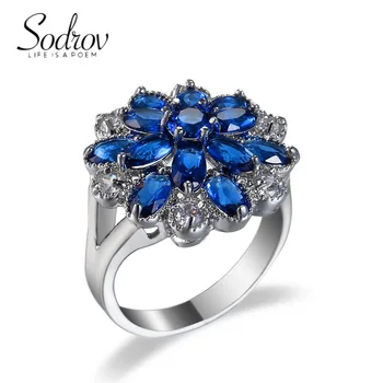SODROV Классический Синий кристалл Циркон в форме цветка Ювелирные изделия Обручальные кольца для женщин Подарок на фестиваль