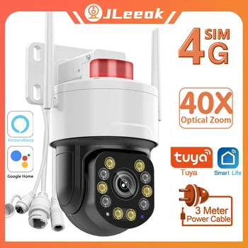 Камера наблюдения JLeeok 4K 8MP 4G с 40-кратным оптическим зумом, автоматическое отслеживание человека с искусственным интеллектом, Wi-Fi PTZ-камера 50 м ночного видения Tuya