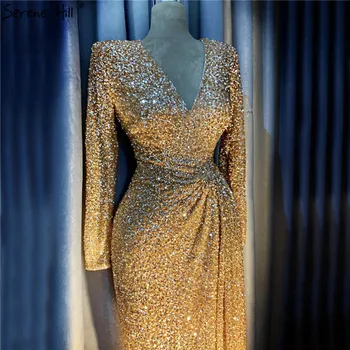 Роскошные золотые вечерние платья с глубоким V-образным вырезом и длинными рукавами 2023 Последних моделей, вечернее платье с блестками, реальное фото LA70002