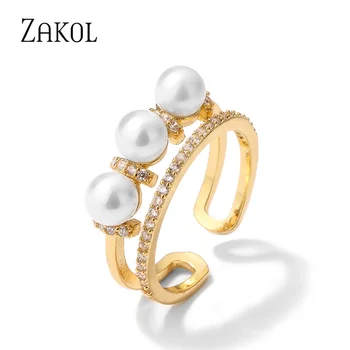 ZAKOL, романтические круглые жемчужные открытые кольца для женщин, модные двухслойные циркониевые кольца золотого цвета, вечерние Юбилейные украшения