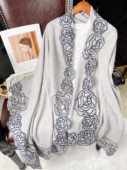 (Роза Мяолянь) шарф из 100% шерсти высокого класса, шаль с ручной вышивкой, утолщенный шарф в этническом стиле, мягкий и удобный, теплый
