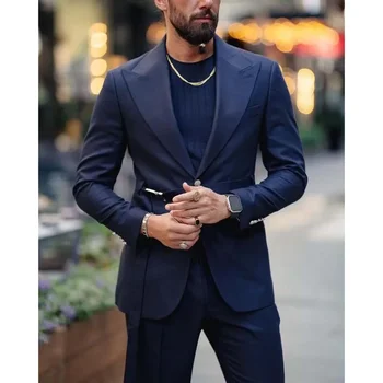 Элегантная темно-синяя мужская одежда, блейзер, Однобортный пиджак с отворотом, обтягивающие наряды обычной длины, Блейзер Terno, 2 предмета, куртка, Брюки