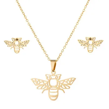 20 компл./лот, нержавеющая сталь, золотистый, серебристый цвет, подвеска в виде пчелы, цепочка, ожерелье, серьги-гвоздики для женщин, ювелирный набор Оптом
