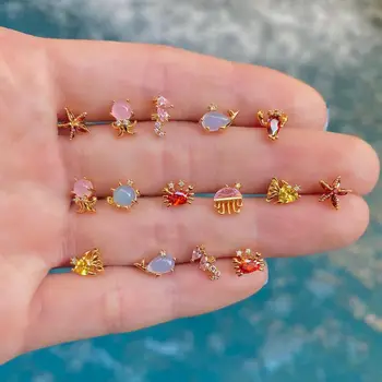 Ins Новая Серия Ocean Маленькие Серьги-Гвоздики Animal Jewelry Из Золота 18 Карат Многоцветного Циркона Cute Fish Earrings