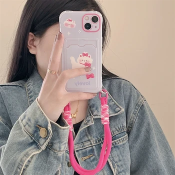Корейский милый розовый бант для собак, сумка для карточек + плюшевый ремешок на запястье, силиконовый чехол для iphone 15Pro Max 11 12 13 14 Xs Xr 7 8Plus, Мультяшный чехол