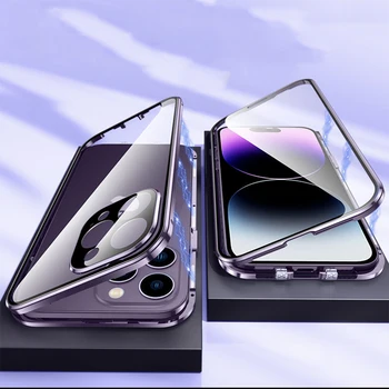 Запирающийся магнитный чехол для iPhone 15 14 13 12 11 Pro Max 360 Полная защита корпуса Металлический каркас Двустороннее покрытие из закаленного стекла