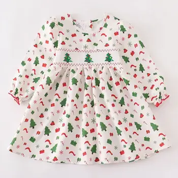 Girlymax Зимняя Рождественская елка с принтом для маленьких девочек, детская одежда, платье с длинными рукавами до колен, кружево