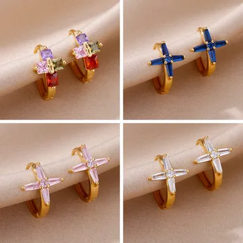 Красочные серьги из циркона и нержавеющей стали в форме крестообразного цветка в виде кольца-гвоздика, изысканные серьги, свадебные украшения