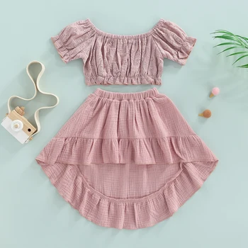 Модный комплект однотонной одежды для маленьких девочек 2022 года, топы с короткими рукавами и рюшами с открытыми плечами + нерегулярная юбка, летние наряды для малышей