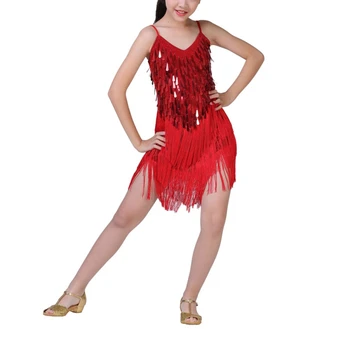 Платье для латиноамериканских танцев для девочек от 4 до 13 лет, танцевальные костюмы с блестками для танго румбы, танцевальная одежда для джазовых выступлений с V-образным вырезом и ремешками, конкурсный костюм