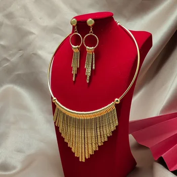 Наборы ювелирных изделий золотого цвета из Дубая для женщин, Африканская Индийская вечеринка, Свадебное ожерелье, Кулон, Серьги, Комплект ювелирных изделий