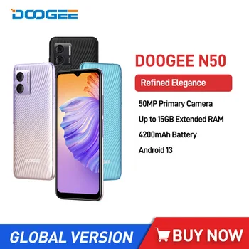 DOOGEE N50 Ультратонкие Смартфоны 6,52 Дюйма HD Восьмиядерный 8 ГБ + 128 ГБ Android 13 Мобильный Телефон 50-Мегапиксельная Камера Быстрая Зарядка Мобильных Телефонов 4G