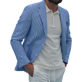 Приталенный пиджак Дышащий пиджак Стильный мужской костюм в полоску с лацканами и принтом, деловой костюм с карманами и пуговицами