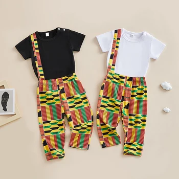 Комплект Летней одежды для маленьких мальчиков в африканском стиле с принтом в стиле пэчворк, комбинезон с круглым вырезом и длинными штанами, комплект из 2 предметов