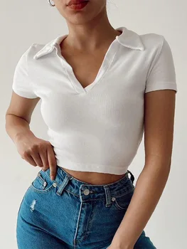 Женская Укороченная футболка с отложным воротником и V-образным вырезом
