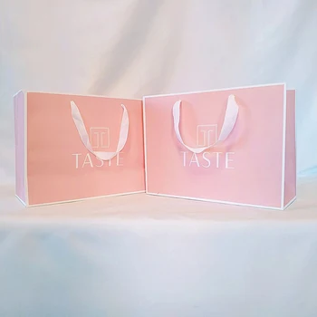 Оптовые продажи 500 шт./лот, Изготовленные на заказ Роскошные Изысканные Розовые Бумажные пакеты для ювелирных изделий по 250 г с персонализированным красочным логотипом, напечатанным для свадьбы