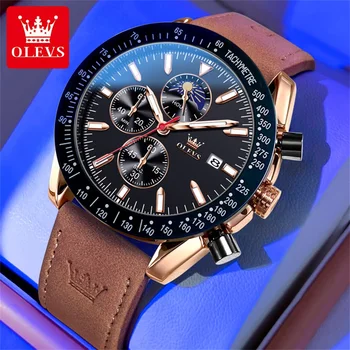 OLEVS Мужские кварцевые часы, деловые Многофункциональные водонепроницаемые Спортивные часы с роскошным кожаным ремешком, мужские Оригинальные высокого качества