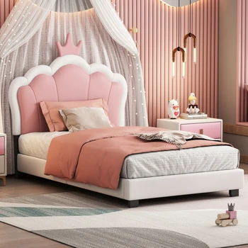 Двуспальная кровать, Прекрасная Мягкая Кровать Принцессы С Изголовьем в виде Короны и Изножьем, Кровать Принцессы, Мебель Для Детской спальни, Розовый
