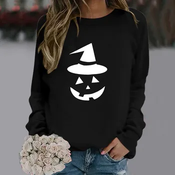 Женские толстовки с вышивкой на Хэллоуин, повседневная свободная толстовка с круглым вырезом и длинными рукавами, стеганый пуловер на молнии наполовину