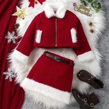 Комплект рождественской одежды из 2 предметов для девочки, Зимняя новогодняя куртка с красным плюшевым воротником и длинными рукавами + юбка, костюм для девочки 4-7 лет