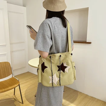Женская сумка через плечо, большая холщовая милая сумка-мессенджер, сумка через плечо с аппликацией в виде звезды, школьная сумка в уличном стиле Y2K для подростка-студента