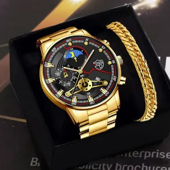 Комплект из 2 предметов Модные Спортивные мужские часы для мужчин Деловые Кварцевые наручные часы из нержавеющей стали Роскошные повседневные наручные часы с браслетом