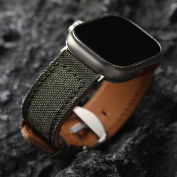 Ручной работы, холщовый ламинированный кожаный ремешок для Apple Watch Ultra, мужской утолщенный браслет, Винтажный 49 мм, 45 мм, 44 мм, SE8 Черный