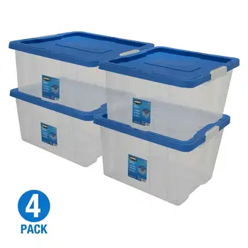 68-литровый прозрачный пластиковый контейнер для хранения с защелкой, прозрачный, с синей крышкой, набор из 4 штук