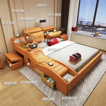 Кровать татами В главной спальне, Современная минималистичная массажная кушетка, кожаная двуспальная кровать, Высококлассный умный проектор, супружеская кровать