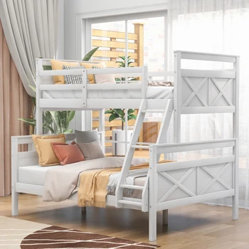 Двуспальная двухъярусная кровать с лестницей, защитным ограждением, идеально подходит для спальни, безопасность, простой стиль, экономия места